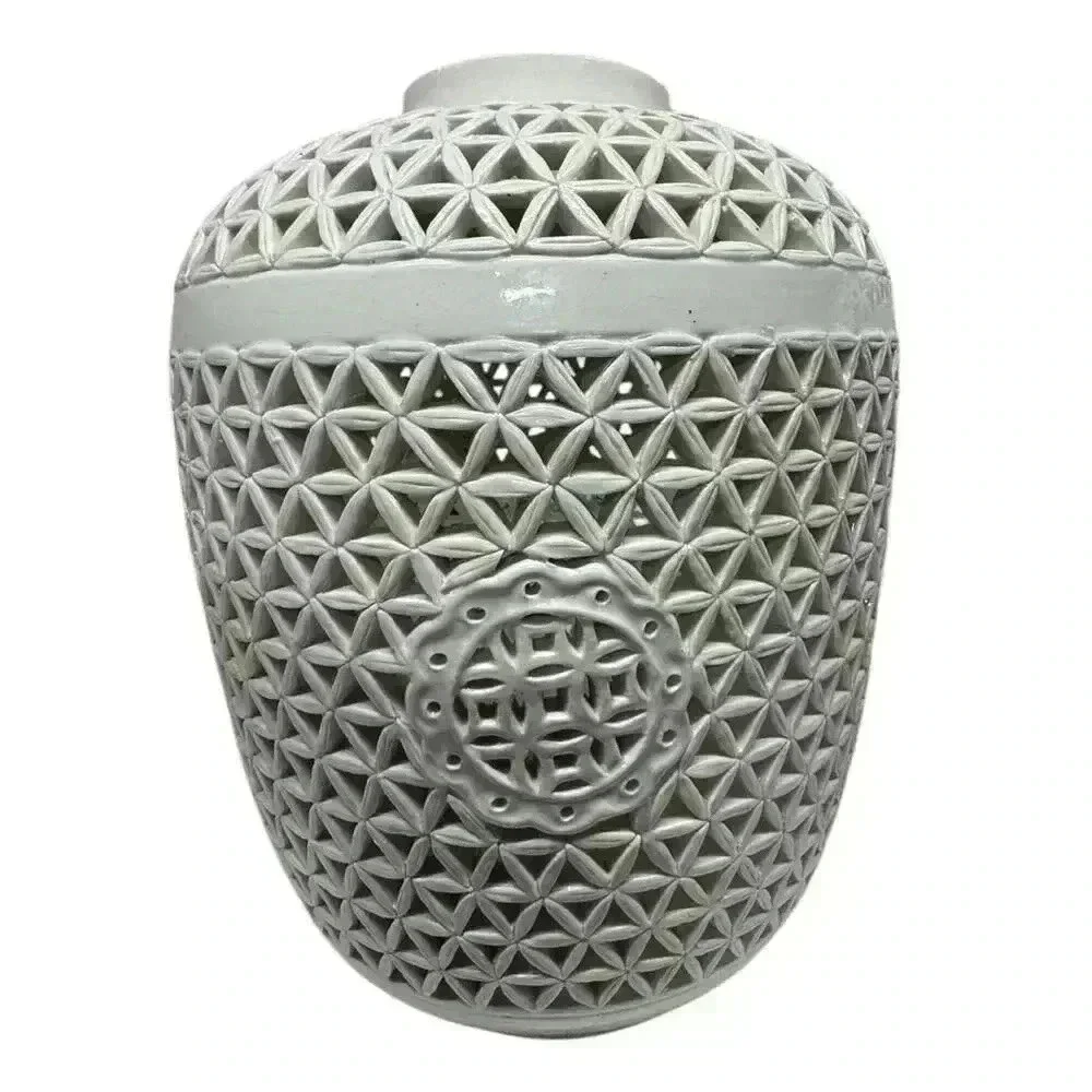 Pair of white majolica perforated Chinese Reticulated Porcelain Ceramic Vases